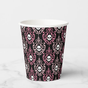 Roze en zwarte damast met schedels   Halloween Papieren Bekers