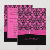 Roze en Zwarte Damast RSVP Kaart (Voorkant / Achterkant)