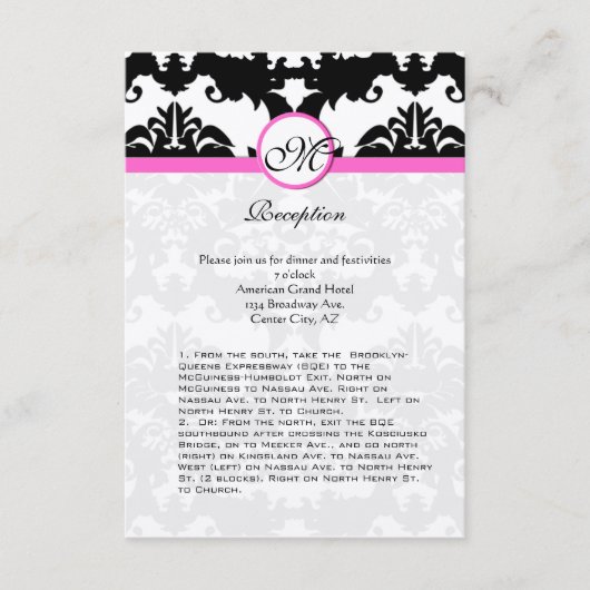 Roze en Zwarte Damast Swirls Ditection Kaart (Voorkant)