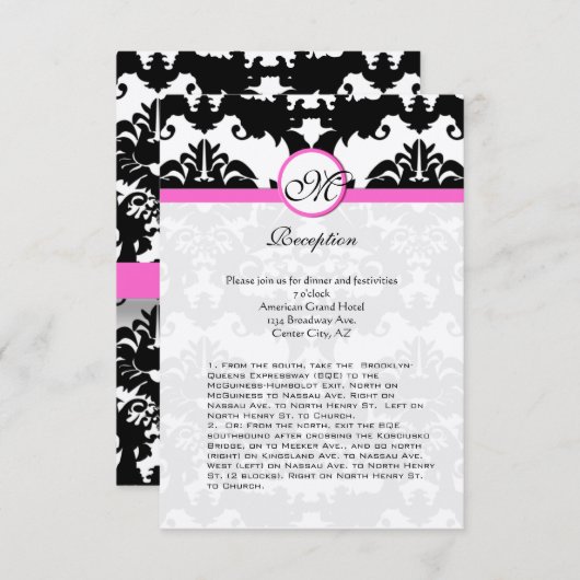 Roze en Zwarte Damast Swirls Ditection Kaart (Voorkant / Achterkant)
