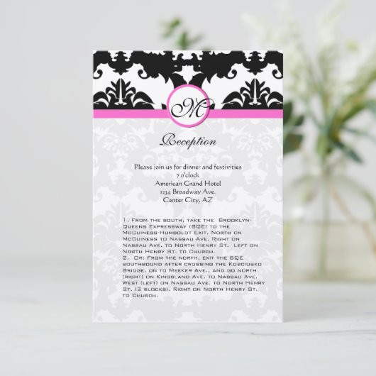 Roze en Zwarte Damast Swirls Ditection Kaart (Staand voorkant)