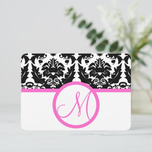 Roze en zwarte damastwervelingen trouwuitnodiging kaart (Staand voorkant)