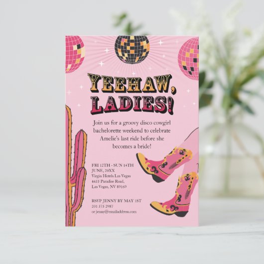 Roze en Zwarte Disco Cowgirl Bachelorette Weekend Kaart (Staand voorkant)