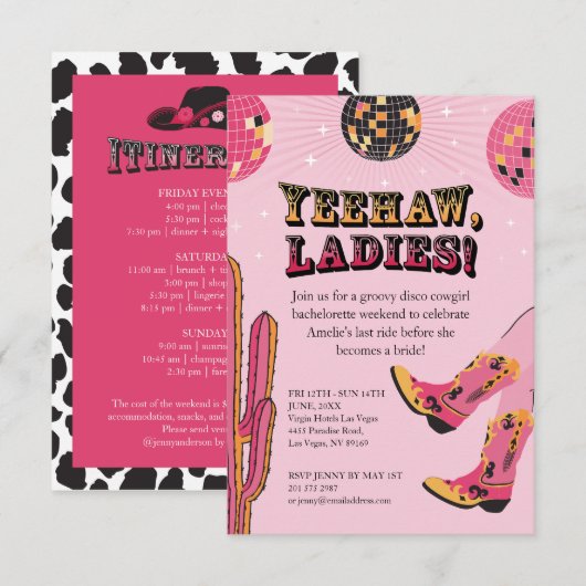 Roze en Zwarte Disco Cowgirl Bachelorette Weekend Kaart (Voorkant / Achterkant)