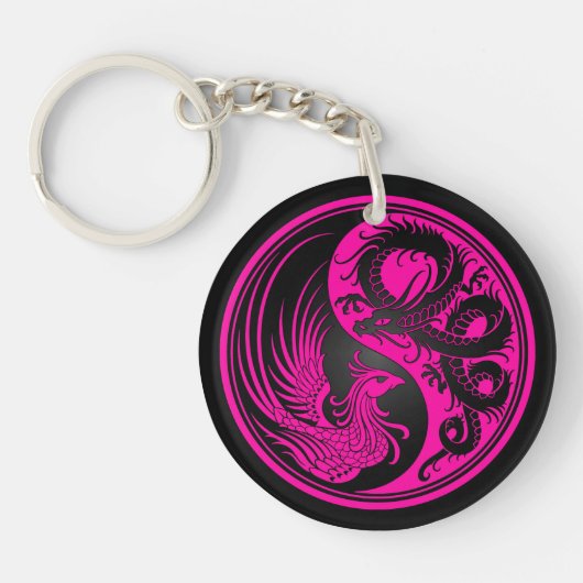 Roze en zwarte draak Phoenix Yin Yang Sleutelhanger (Voorkant)