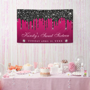 Roze en zwarte druipende glittersweet zestien spandoek