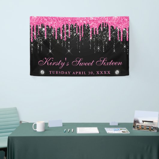 Roze en zwarte druppelaar Glitter Sweet Sixteen Spandoek (Beurs)