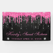 Roze en zwarte druppelaar Glitter Sweet Sixteen Spandoek (Horizontaal)