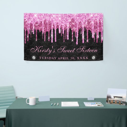 Roze en zwarte druppelaar Glitter Sweet Sixteen Spandoek (Beurs)