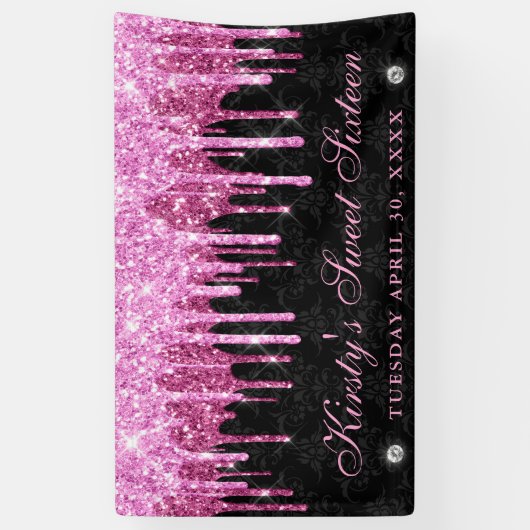Roze en zwarte druppelaar Glitter Sweet Sixteen Spandoek (Verticaal)