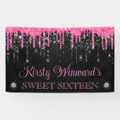 Roze en zwarte druppelaar Glitter Sweet Sixteen Spandoek (Horizontaal)