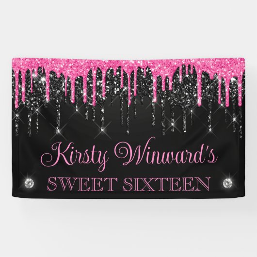 Roze en zwarte druppelaar Glitter Sweet Sixteen Spandoek (Horizontaal)