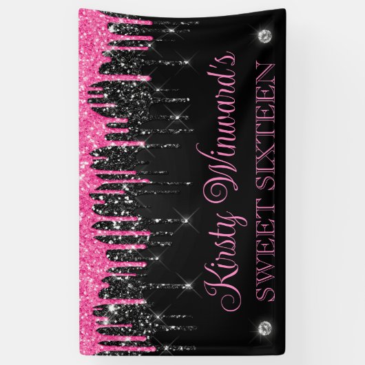 Roze en zwarte druppelaar Glitter Sweet Sixteen Spandoek (Verticaal)