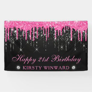 Roze en Zwarte Druppelende Glitters 21e Verjaardag Spandoek