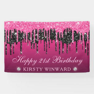 Roze en Zwarte Druppelende Glitters 21e Verjaardag Spandoek