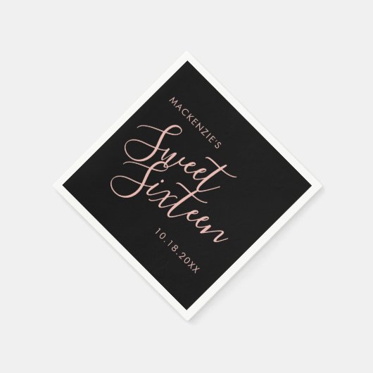 Roze en zwarte Elegant Sweet 16 Persoonlijke naam Servet (Hoek)