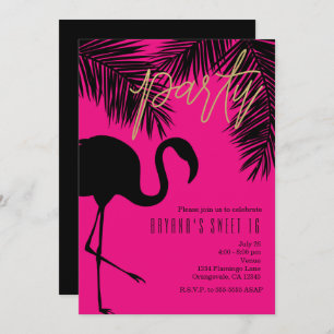 Roze en zwarte flamingo & Palm Party-uitnodigingen Kaart