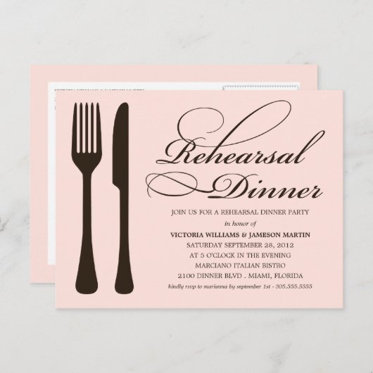 ROZE EN ZWARTE FLATWARE | REPETITIEDINER UITNODIGE UITNODIGING BRIEFKAART (Voorkant / Achterkant)