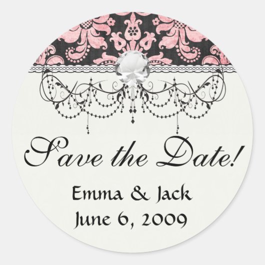 roze en zwarte  fleur chic damask ronde sticker (Voorkant)