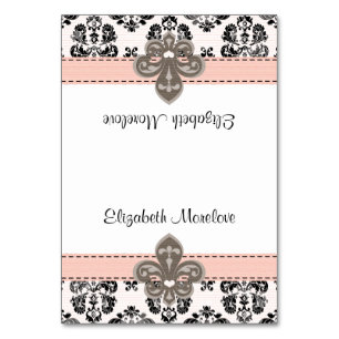 Roze en zwarte Fleur de Lis Tented Name Place Card Kaart