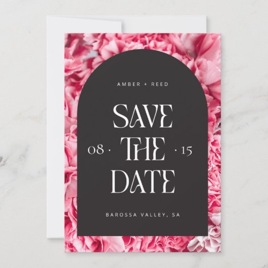 Roze en zwarte Floral Arch Retro Modern Font Save The Date (Voorkant)