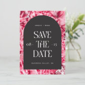 Roze en zwarte Floral Arch Retro Modern Font Save The Date (Staand voorkant)
