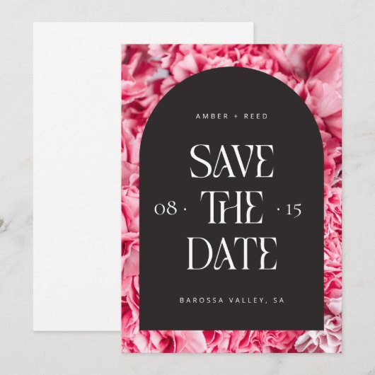Roze en zwarte Floral Arch Retro Modern Font Save The Date (Voorkant / Achterkant)