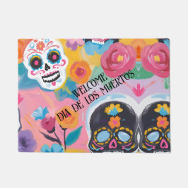 Roze en zwarte Floral Dia de Muertos Deurmat