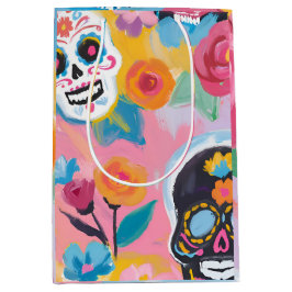 Roze en zwarte Floral Dia de Muertos Medium Cadeauzakje