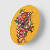 Roze en zwarte Floral Dragon op Ronde Klok (Hoek)