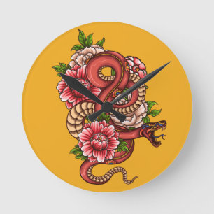 Roze en zwarte Floral Dragon op Ronde Klok