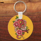 Roze en zwarte Floral Dragon op Sleutelhanger (Voorkant)