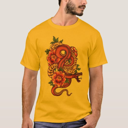 Roze en zwarte Floral Dragon op T-shirt (Voorkant)