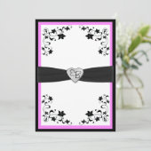 Roze en Zwarte Floral Monogram Uitnodiging (Staand voorkant)