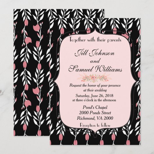 Roze en zwarte Floral Wedding Kaart (Voorkant / Achterkant)