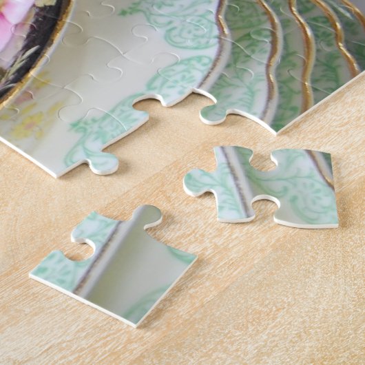 Roze en zwarte Foral Teacup Jigzaag Puzzle Legpuzzel (Zijkant)