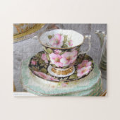 Roze en zwarte Foral Teacup Jigzaag Puzzle Legpuzzel (Horizontaal)