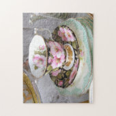 Roze en zwarte Foral Teacup Jigzaag Puzzle Legpuzzel (Verticaal)