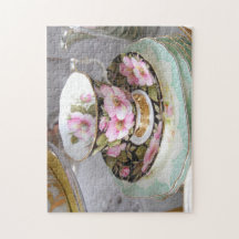 Roze en zwarte Foral Teacup Jigzaag Puzzle