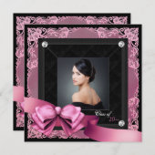 Roze en Zwarte Foto Afstudeer Uitnodigingen (Voorkant / Achterkant)