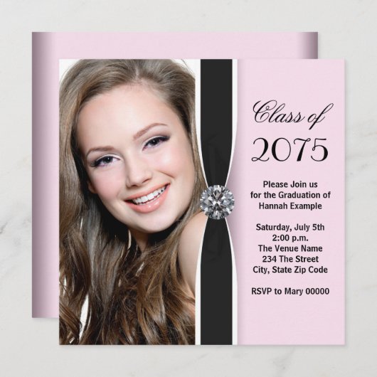 Roze en zwarte foto Afstuderen aankondiging (Voorkant / Achterkant)