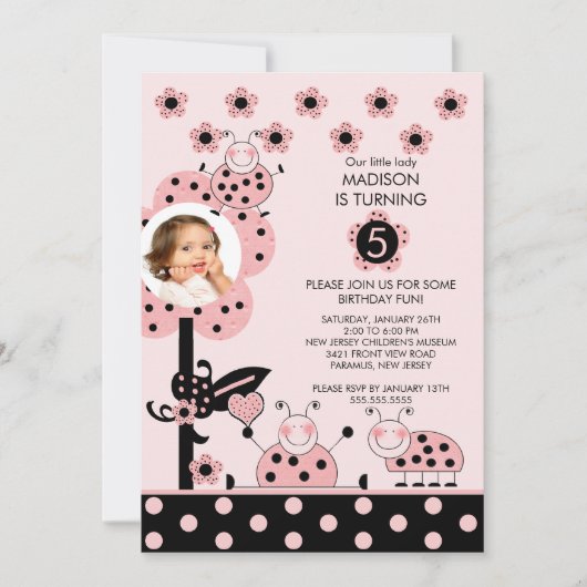Roze en zwarte FOTO Ladybug Birthday-uitnodiging Kaart (Voorkant)