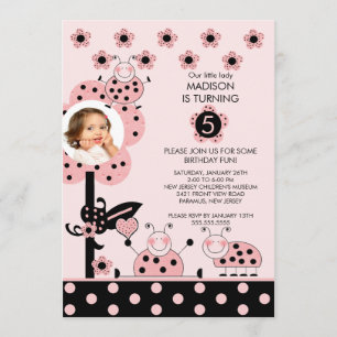 Roze en zwarte FOTO Ladybug Birthday-uitnodiging Kaart