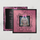 Roze en zwarte foto Lijst Sweet16 Birthday Invite Kaart (Voorkant / Achterkant)