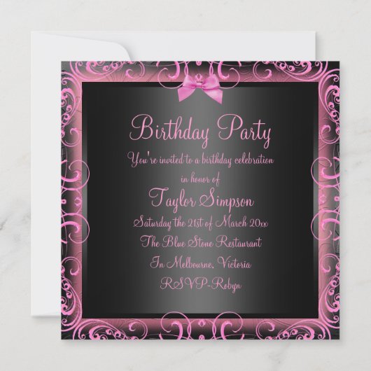 Roze en zwarte foto Lijst Sweet16 Birthday Invite Kaart (Achterkant)