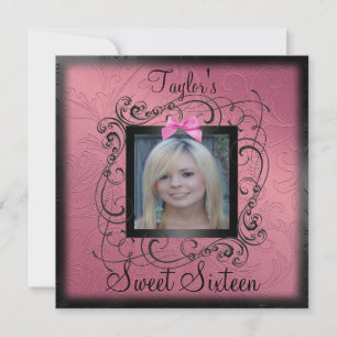 Roze en zwarte foto Lijst Sweet16 Birthday Invite Kaart