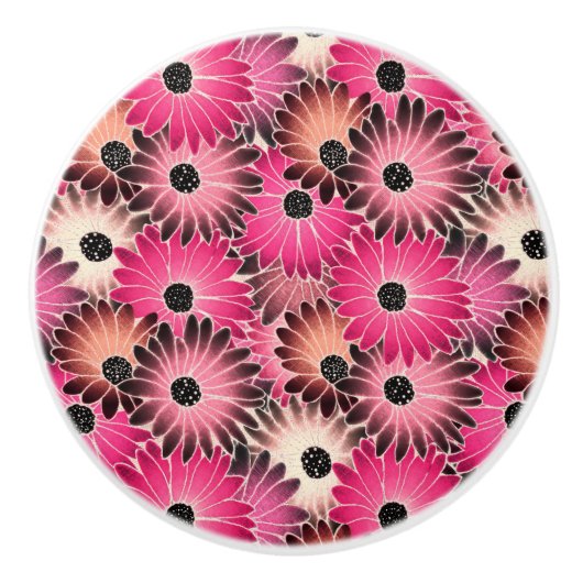 Roze en zwarte Gerbera Daisies Keramische Knop (Voorkant)