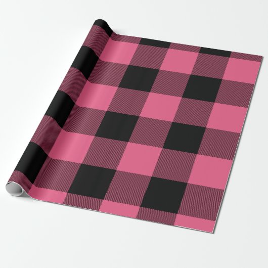 Roze en Zwarte Geruite Vierkanten Buffalo Plaid Cadeaupapier (Uitgerold)