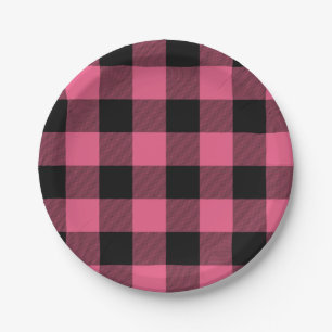 Roze en Zwarte Geruite Vierkanten Buffalo Plaid Papieren Bordje