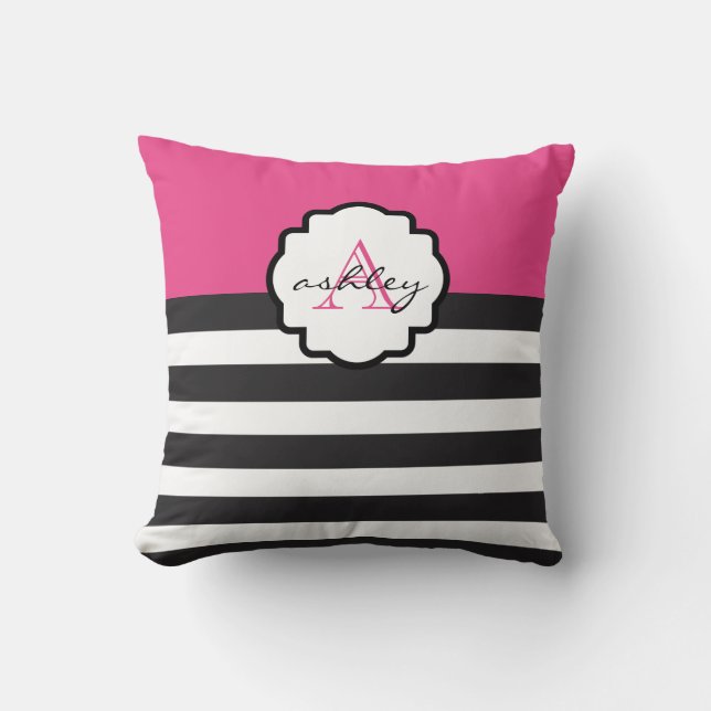 Roze en zwarte gestreepte monogramkussen kussen (Voorkant)